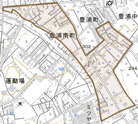 豊浦南町とその周辺の地図。町の範囲を重ねている