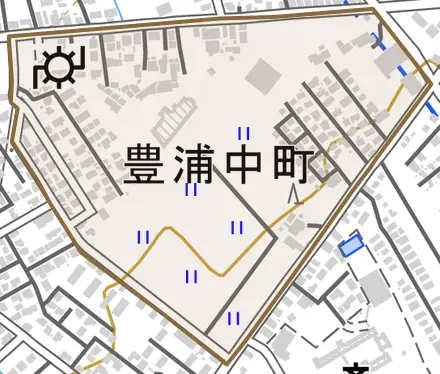 豊浦中町とその周辺の地図。町の範囲を重ねている