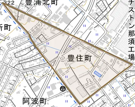 豊住町とその周辺の地図。町の範囲を重ねている
