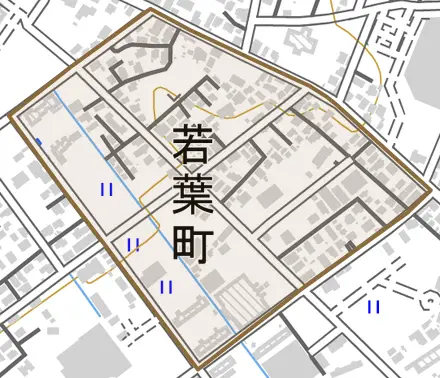 若葉町とその周辺の地図。町の範囲を重ねている