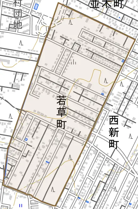 若草町とその周辺の地図。町の範囲を重ねている