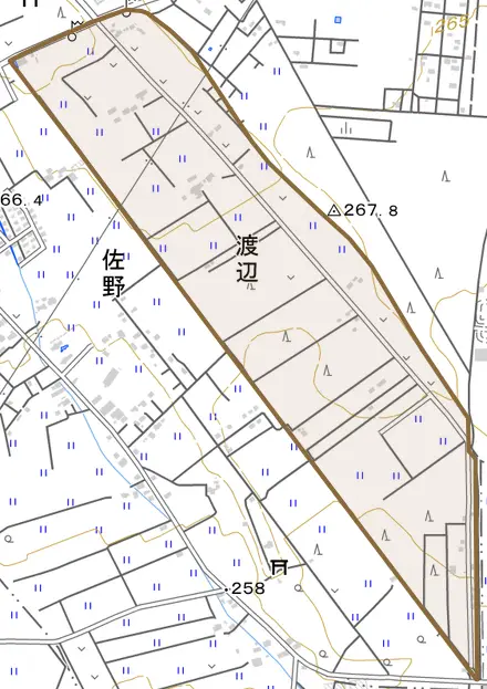 渡辺とその周辺の地図。町の範囲を重ねている