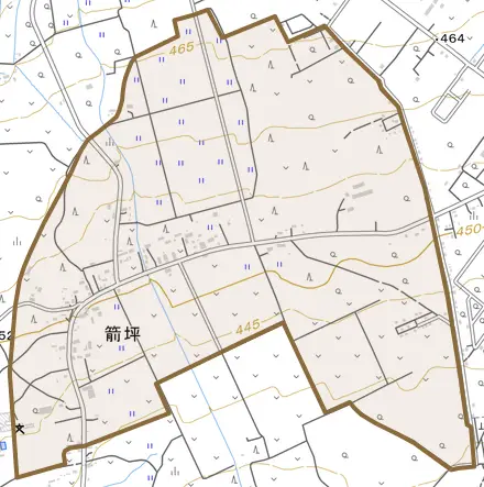箭坪とその周辺の地図。町の範囲を重ねている
