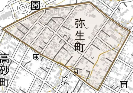 弥生町とその周辺の地図。町の範囲を重ねている