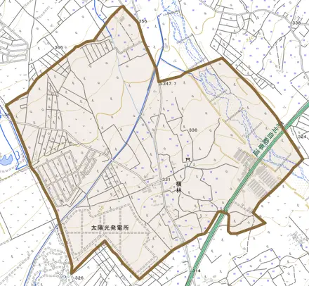 横林とその周辺の地図。町の範囲を重ねている