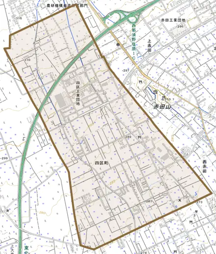 四区町とその周辺の地図。町の範囲を重ねている