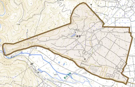 湯宮とその周辺の地図。町の範囲を重ねている