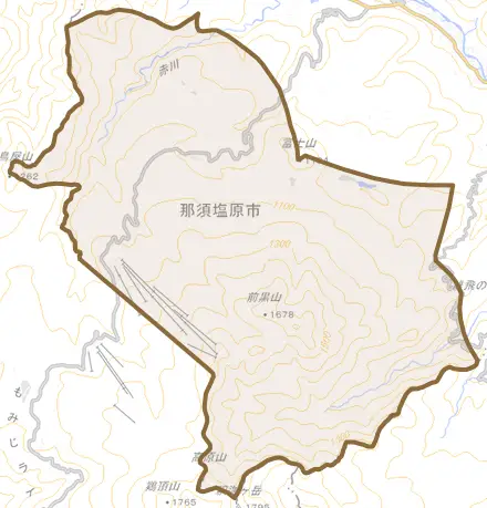 湯本塩原とその周辺の地図。町の範囲を重ねている