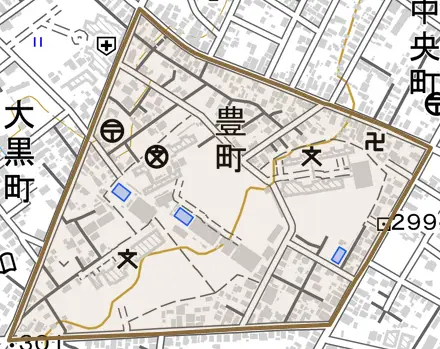 豊町とその周辺の地図。町の範囲を重ねている