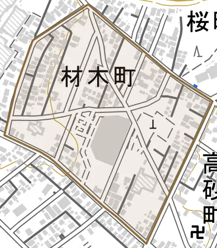 材木町とその周辺の地図。町の範囲を重ねている