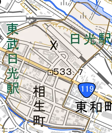 相生町とその周辺の地図。町の範囲を重ねている