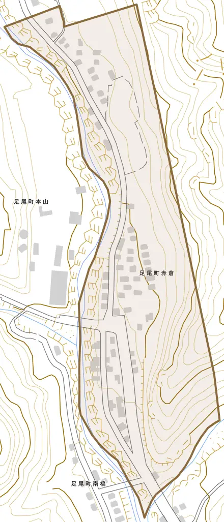 足尾町赤倉とその周辺の地図。町の範囲を重ねている