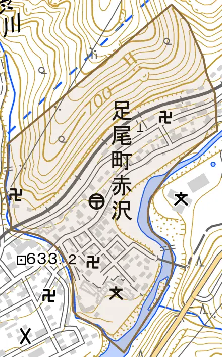 足尾町赤沢とその周辺の地図。町の範囲を重ねている