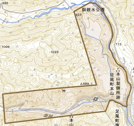 足尾町本山とその周辺の地図。町の範囲を重ねている