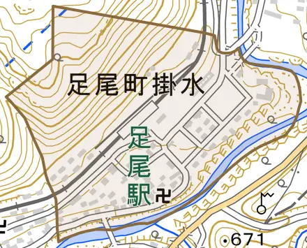 足尾町掛水とその周辺の地図。町の範囲を重ねている