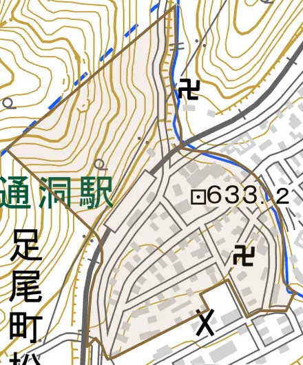 足尾町松原とその周辺の地図。町の範囲を重ねている