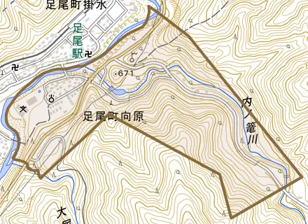 足尾町向原とその周辺の地図。町の範囲を重ねている