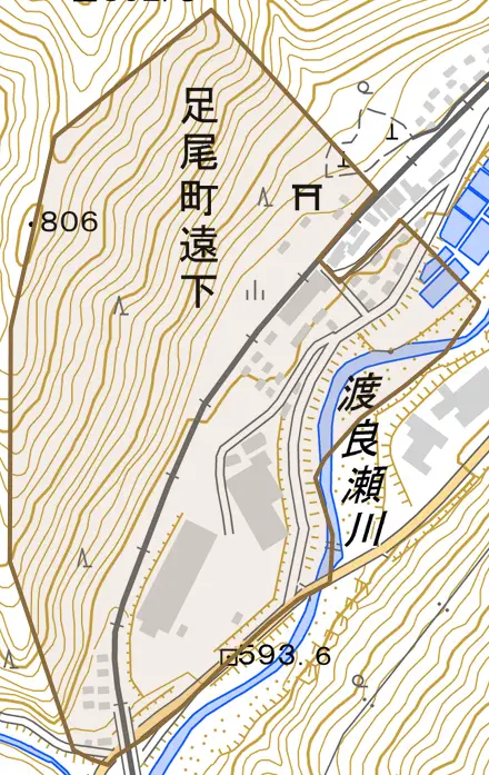 足尾町遠下とその周辺の地図。町の範囲を重ねている