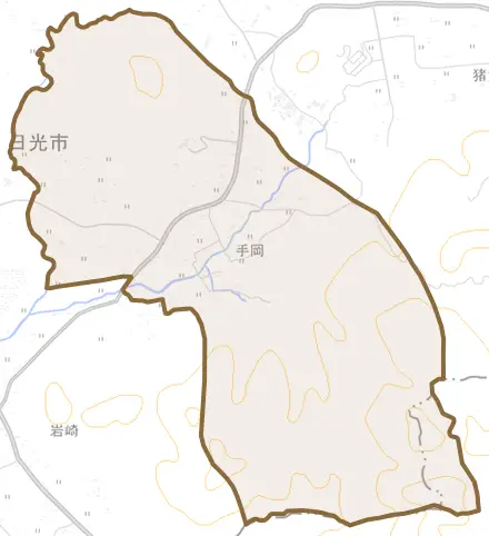 手岡とその周辺の地図。町の範囲を重ねている