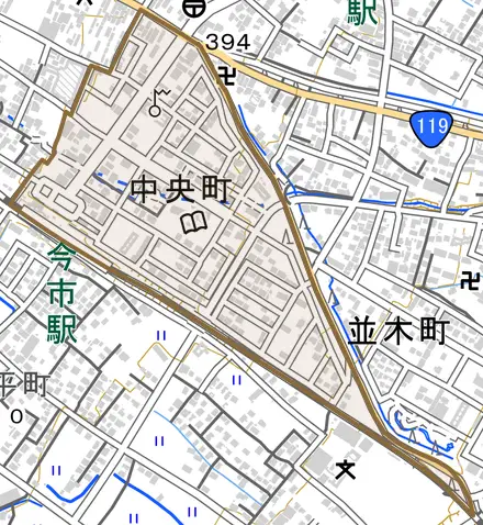 中央町とその周辺の地図。町の範囲を重ねている