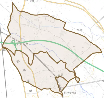 土沢とその周辺の地図。町の範囲を重ねている