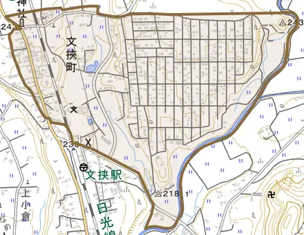 文挾町とその周辺の地図。町の範囲を重ねている