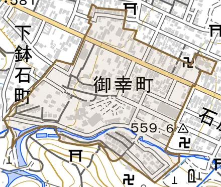 御幸町とその周辺の地図。町の範囲を重ねている