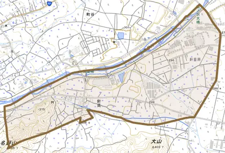 針貝とその周辺の地図。町の範囲を重ねている