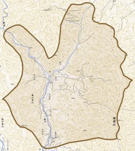東小来川とその周辺の地図。町の範囲を重ねている