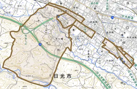 平ケ崎とその周辺の地図。町の範囲を重ねている