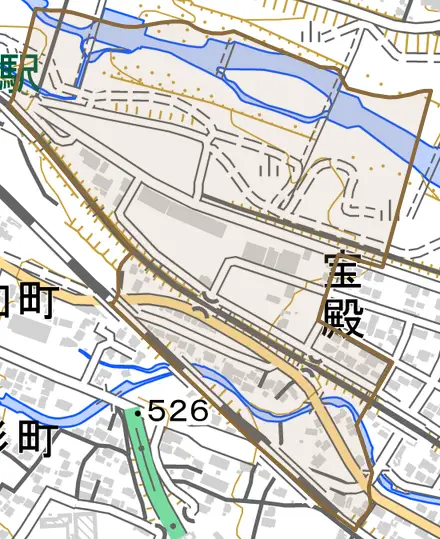 宝殿とその周辺の地図。町の範囲を重ねている
