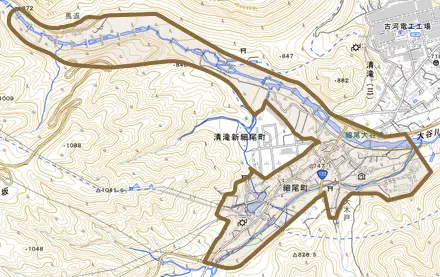 細尾町とその周辺の地図。町の範囲を重ねている