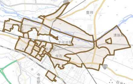 今市とその周辺の地図。町の範囲を重ねている