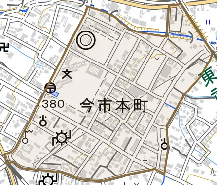 今市本町とその周辺の地図。町の範囲を重ねている