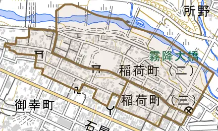 稲荷町とその周辺の地図。町の範囲を重ねている