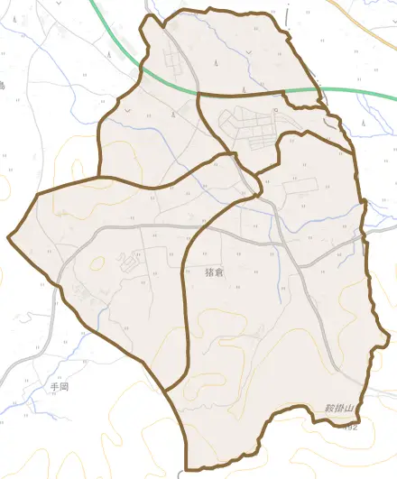 猪倉とその周辺の地図。町の範囲を重ねている