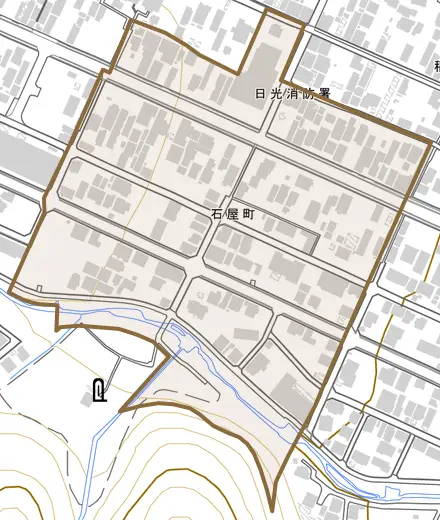 石屋町とその周辺の地図。町の範囲を重ねている
