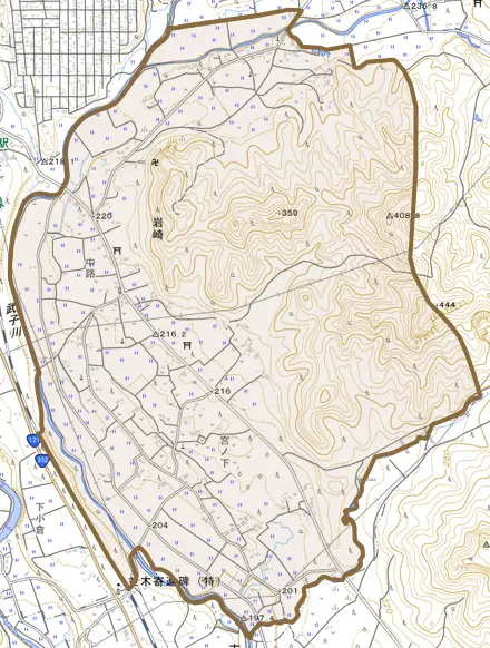 岩崎とその周辺の地図。町の範囲を重ねている