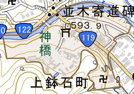 上鉢石町とその周辺の地図。町の範囲を重ねている