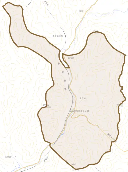 上三依とその周辺の地図。町の範囲を重ねている