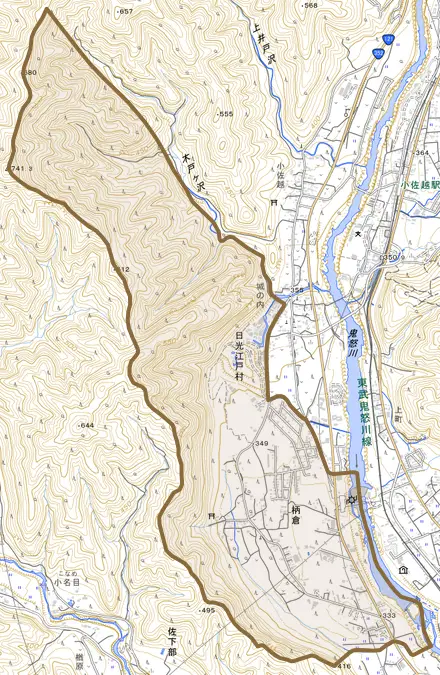 柄倉とその周辺の地図。町の範囲を重ねている