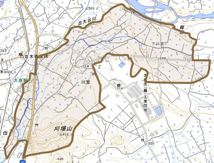 川室とその周辺の地図。町の範囲を重ねている