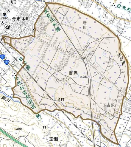 吉沢とその周辺の地図。町の範囲を重ねている