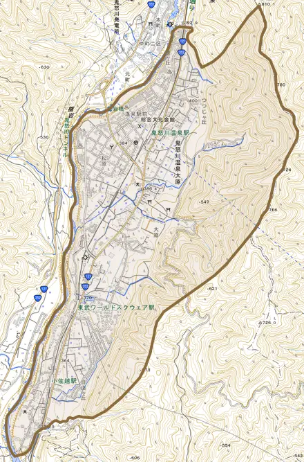 鬼怒川温泉大原とその周辺の地図。町の範囲を重ねている