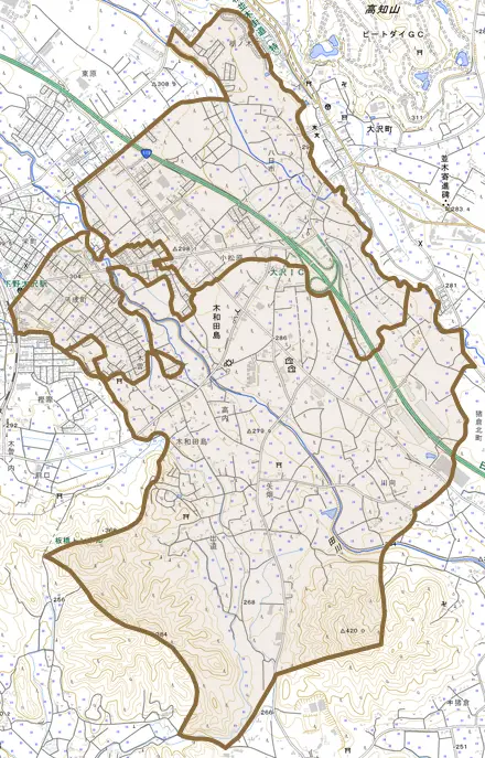 木和田島とその周辺の地図。町の範囲を重ねている
