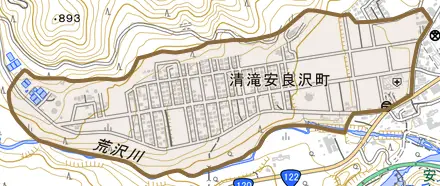 清滝安良沢町とその周辺の地図。町の範囲を重ねている