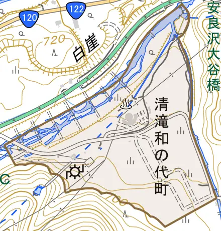 清滝和の代町とその周辺の地図。町の範囲を重ねている