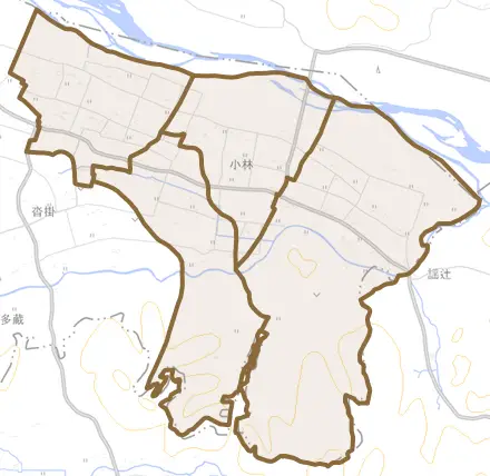 小林とその周辺の地図。町の範囲を重ねている