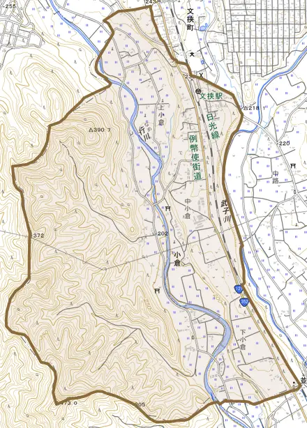 小倉とその周辺の地図。町の範囲を重ねている