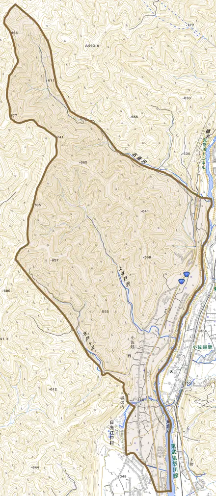 小佐越とその周辺の地図。町の範囲を重ねている